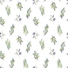 Hand paint watercolor seamless pattern with olive branch and leaves, isolated on white background. Perfect for wrappers, wallpapers, textile, postcards, wedding and fashion design.