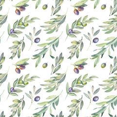 Hand paint watercolor seamless pattern with olive branch and leaves, isolated on white background. Perfect for wrappers, wallpapers, textile, postcards, wedding and fashion design.
