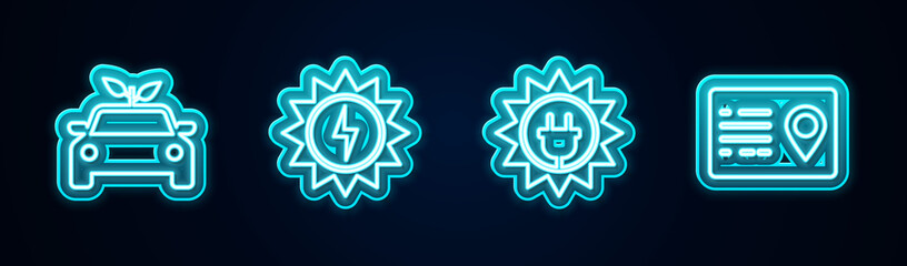 Set line Eco car concept drive, Solar energy panel, and Address book. Glowing neon icon. Vector