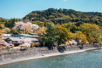 Uji town and river at spring in Kyoto, Japan