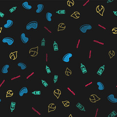 Set line Steak meat, Ketchup bottle, Fire flame and Barbecue knife on seamless pattern. Vector