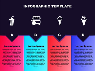 Set line Glass with water, Fast street food cart, Ice cream in waffle cone and . Business infographic template. Vector