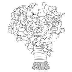 Stylized cute bunch with roses. Black lines, contour style. Illustration can be used for coloring books.