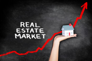 Real estate housing market bubble inflation. Red arrow on chart graph showing increase of price of...