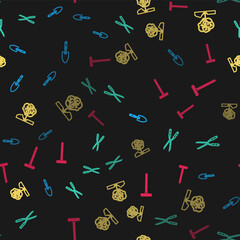 Set line Garden trowel spade or shovel, Gardening handmade scissor, Planting tree the ground and rake on seamless pattern. Vector