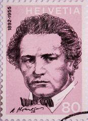 SWITZERLAND 1972: A stamp printed in Switzerland, shows Oscar Arthur Honegger (1892-1955),...