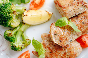 chicken Sous Vide cooked with grilled vegetables