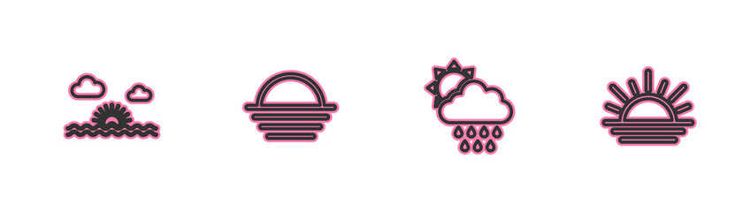 Set line Sunset, Cloud with rain and sun, and icon. Vector
