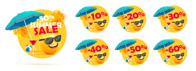 Set of summer sale discount price tags, circle shapes with 3d illustration of smiley face with umbrella and cocktails in sunglasses, with percent discount