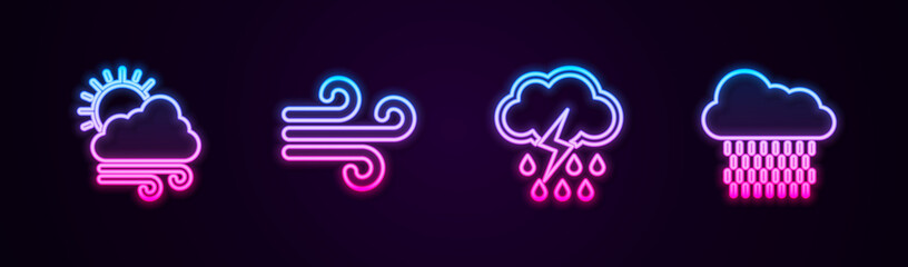 Set line Windy weather, , Cloud with rain and lightning and . Glowing neon icon. Vector