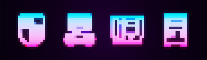Set line Shield for game, Game console with joystick, Cartridge and Computer. Glowing neon icon. Vector
