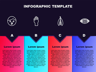Set line Runny nose, Hand with psoriasis or eczema, Kidney beans and Reddish eye allergic conjunctivitis. Business infographic template. Vector