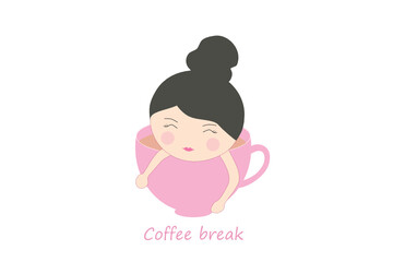 Coffee break concept, cute girl in coffee cup vector illustration. 