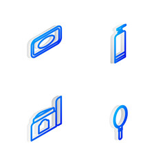 Set Isometric line Cream cosmetic tube, Bar of soap, and Hand mirror icon. Vector