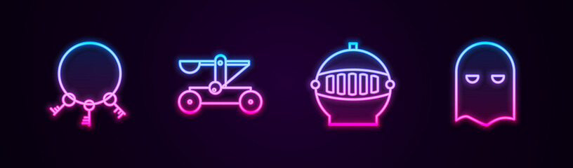 Set line Old keys, Catapult shooting stones, Medieval iron helmet and Executioner mask. Glowing neon icon. Vector