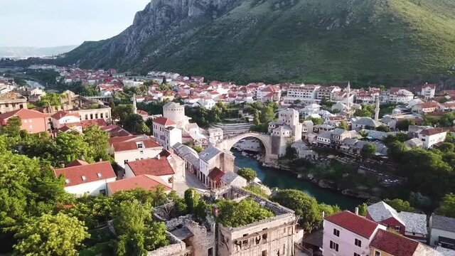 Drone Aerial View of Mostar, Old Town in Bosnia and Herzegovina. Arch Bridge