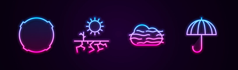 Set line Moon, Drought, Fog and cloud and Umbrella. Glowing neon icon. Vector