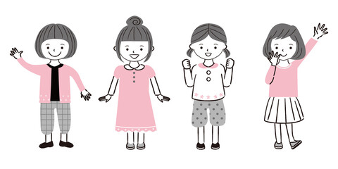 手描き1color  4人の女の子　全身