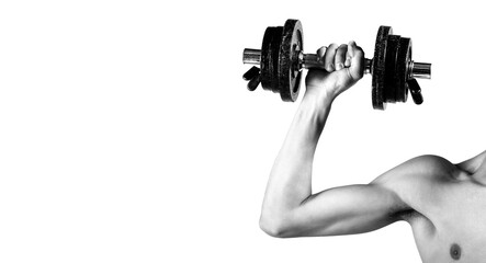 Fototapeta na wymiar Weak hand man lift a weight, dumbbells. Nerd maleraising a dumbbell. Man hand holding dumbbell in hand. Black and white. Skinny guy hold dumbbells up in hands. A thin man in sports with dumbbells