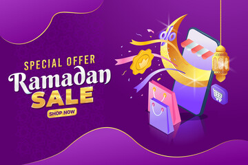 Ramadan Sale background, Banner or Flyer template vector graphic with crescent moon, cell phone, shopping bags, Lantern, label, islamic ornaments.