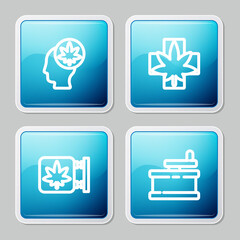 Set line Head with marijuana or cannabis, Medical leaf, Marijuana and store and Manual grinder icon. Vector
