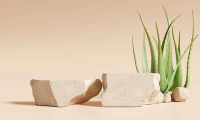  Stone product display podium stand with aloe vera on brown background. 3D rendering