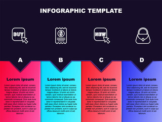 Set line Buy button, Paper check and financial check, Button with text New and Handbag. Business infographic template. Vector