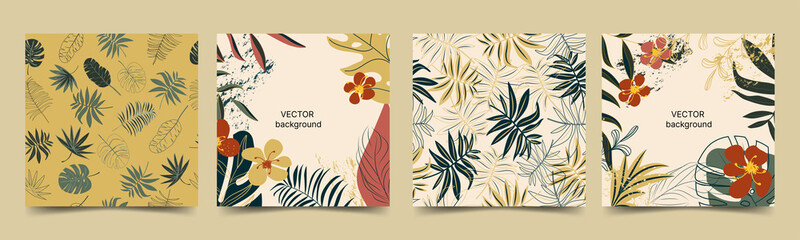 Abstract set with flowers, tropical leaves and seamless patterns. Modern vector template for paper, fabric, interior decor, social networks. Place for text