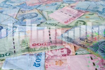 Bar graph stock market, forex trading with Thai cash bank note 100,50,20 baht  for background. planing earn money investment and saving money future for 2022 new year. finance and business concept.