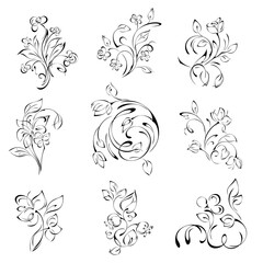 floral pattern of stylized flowers on stems with leaves and curls in black lines on a white background. SET