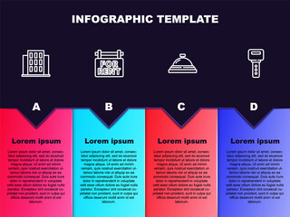 Set line House, Hanging sign with For Rent, Hotel service bell and key. Business infographic template. Vector