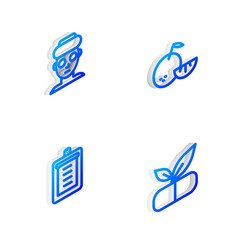 Set Isometric line Citrus fruit, Facial cosmetic mask, Clipboard with checklist and Medical pill plant icon. Vector