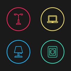 Set line Table lamp, Electrical outlet, Laptop and Street light icon. Vector