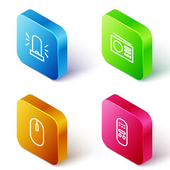 Set Isometric line Flasher siren, Radio, Computer mouse and Remote control icon. Vector