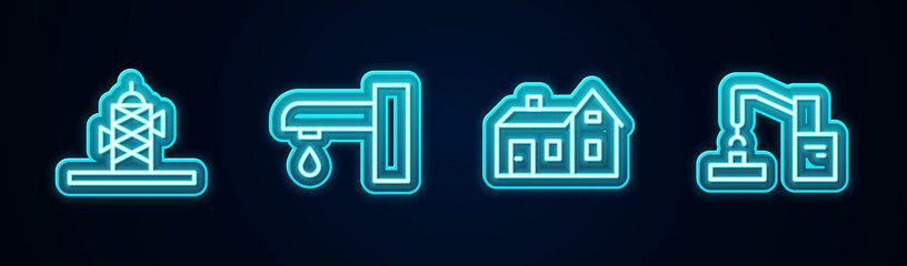 Set line Antenna, Water tap, House and Robotic robot arm hand factory. Glowing neon icon. Vector