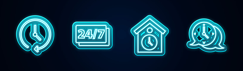 Set line Clock, 24 hours, Retro wall watch and speech bubble. Glowing neon icon. Vector