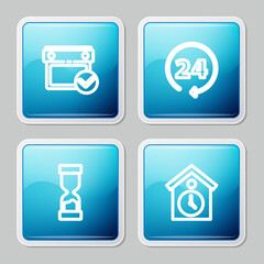 Set line Calendar with check mark, Clock 24 hours, Old hourglass and Retro wall watch icon. Vector