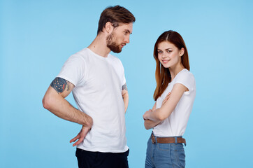 Fototapeta premium man with tattoos next to woman communication dating friendship modern styles