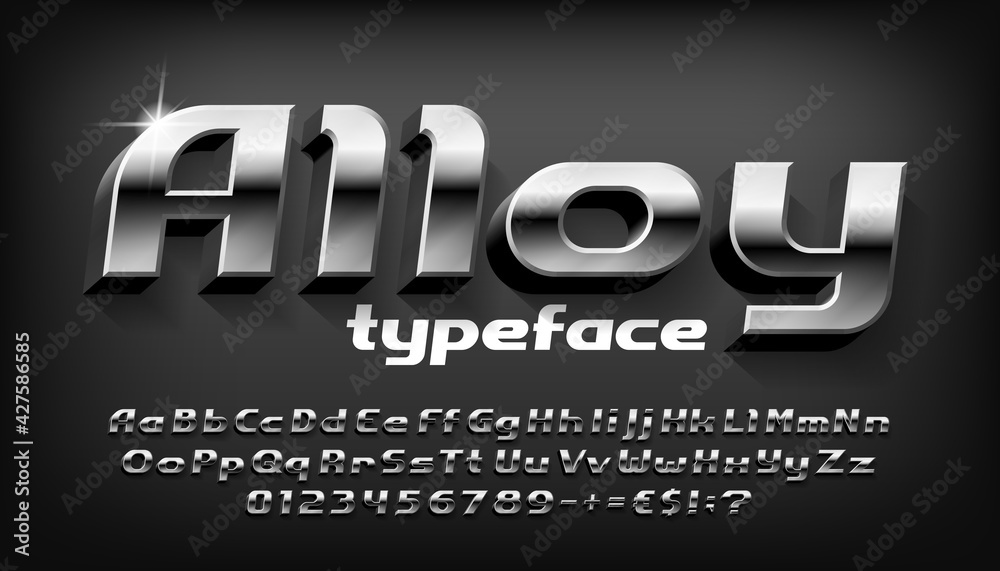 Fototapete alloy alphabet font. 3d metal letters, numbers and punctuation with shadow. stock vector typeface fo