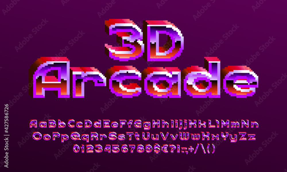 Fototapete 3d arcade alphabet font. pixel letters, numbers and punctuations. 80s arcade video game typescript.