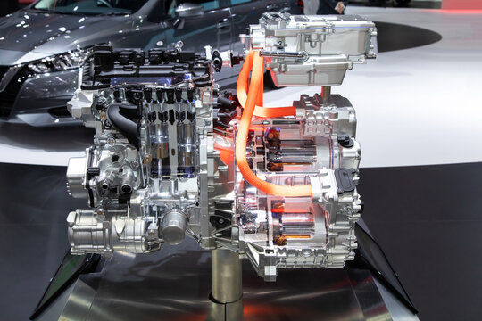 Close up of car hybrid engine. Hybrid electric car engine.