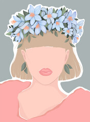 blond woman in a wreath of blue flowers. vector modern flat illustration. for poster, banner, postcard, magazine or book cover.