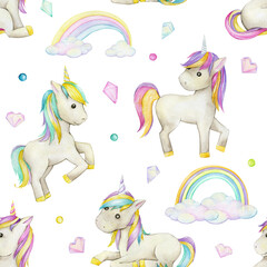 Watercolor seamless pattern, on an isolated background. Unicorns, crystals, hearts, rainbows, clouds, in cartoon style, drawn by hand.
