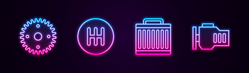 Set line Gear, shifter, Car radiator cooling system and Check engine. Glowing neon icon. Vector