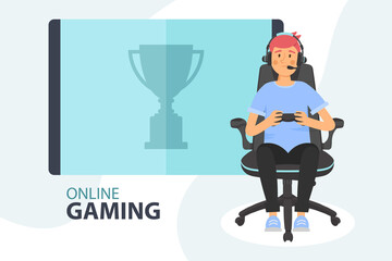 Online Gaming. Cyber Sport banner. Gamer sitting in chair and playing video game with headset and gamepad. Vector cartoon illustration.
