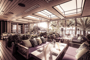 Terrace Restaurant Area Inside a Subropical Resort- black and white 3d architectural visualization