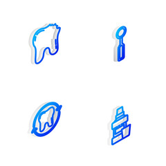 Set Isometric line Dental inspection mirror, Broken tooth, Tooth whitening and Mouthwash bottle icon. Vector