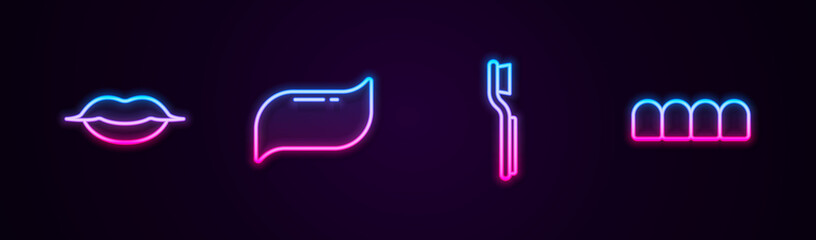 Set line Smiling lips, Toothpaste, Toothbrush and Dentures model. Glowing neon icon. Vector