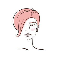Continuous line drawing beautiful woman with pink hair in minimal line style. One line art. Linear female face portrait. Pink hair girl face flat vector illustration isolated on white background