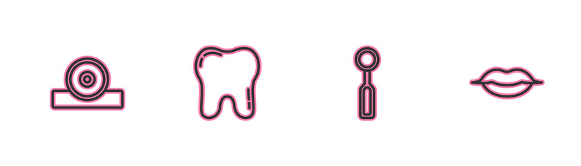 Set line Otolaryngological head reflector, Dental inspection mirror, Tooth and Smiling lips icon. Vector